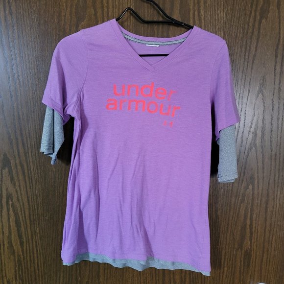 Under Armour Contrast Layered Sleeve Tee Shirt Lavender Grey **** No Size Tag ** - Picture 1 of 12